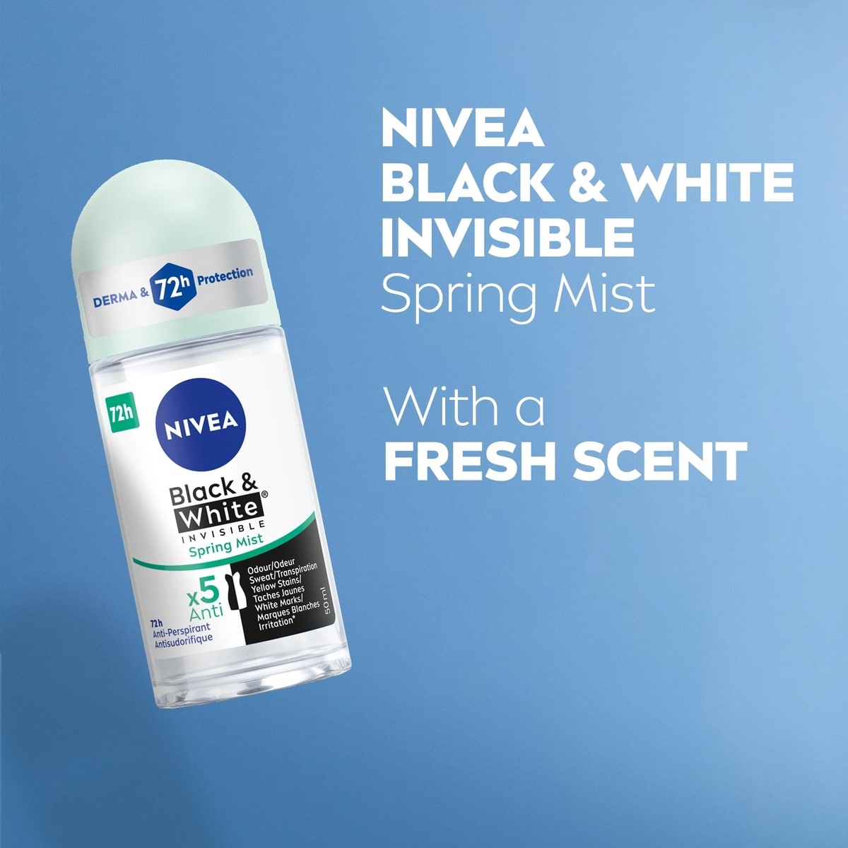NIVEA Déodorant antisudorifique 72 h à bille Black & White Invisible, Spring Mist, 50 ml