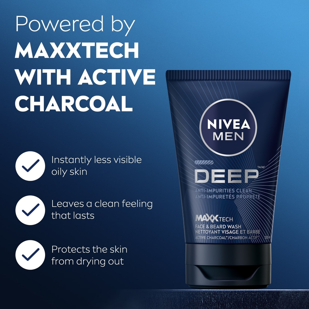 NIVEA MEN Deep Face & Beard Wash, MAXXTECH Charcoal Face Wash, 100mL