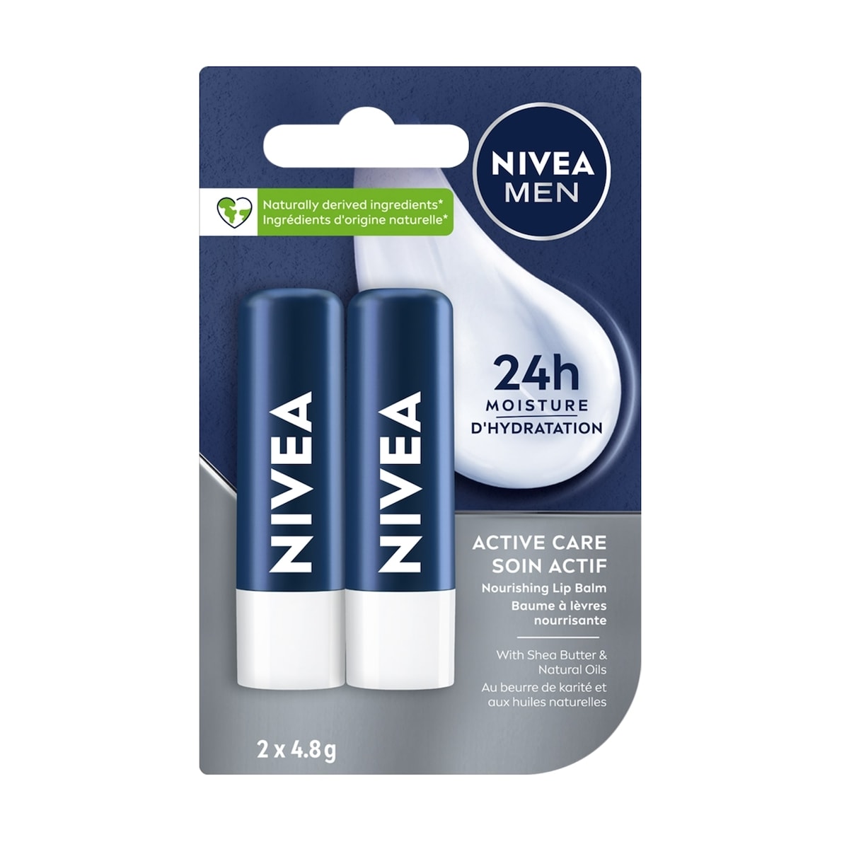 Baume à lèvres soins actifs NIVEA MEN, 24 heure d’hydration, enrichi en beurre de karité, non gras, sans résidu (2 x 4,8 g)