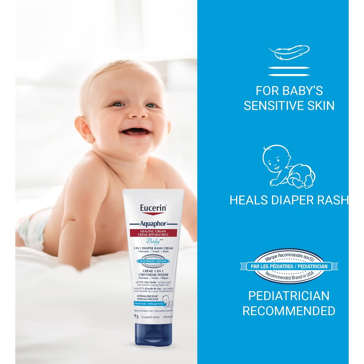 Crème pour l'érythème fessier Aquaphor Baby d'Eucerin pour la peau sensible de bébé