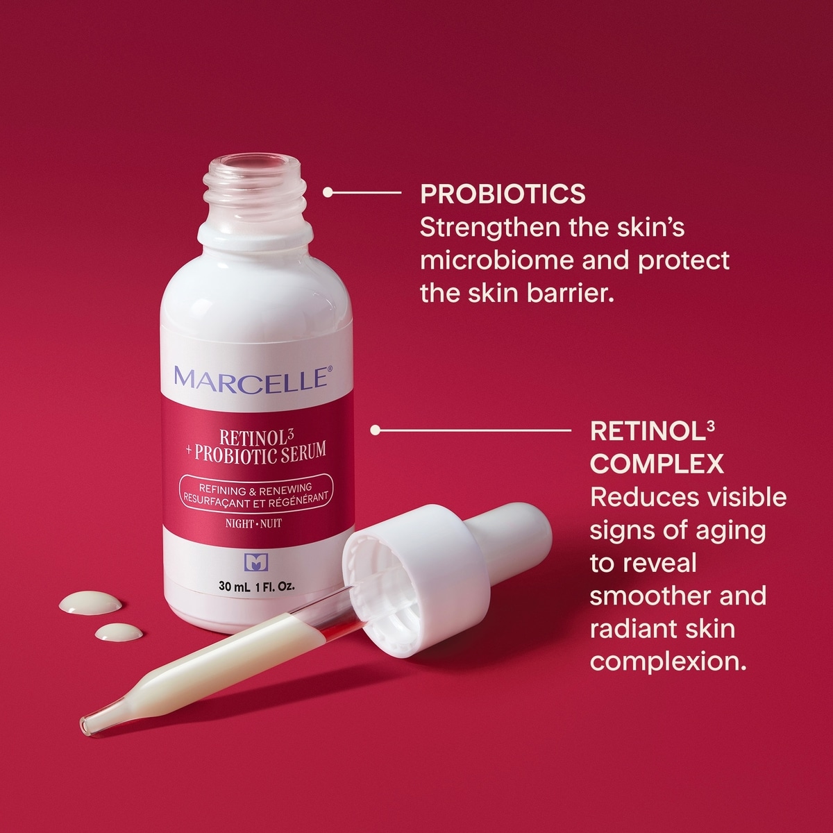 Sérum de nuit retinol³ + probiotique, resurfaçant et régénérant, hypoallergénique et clean*