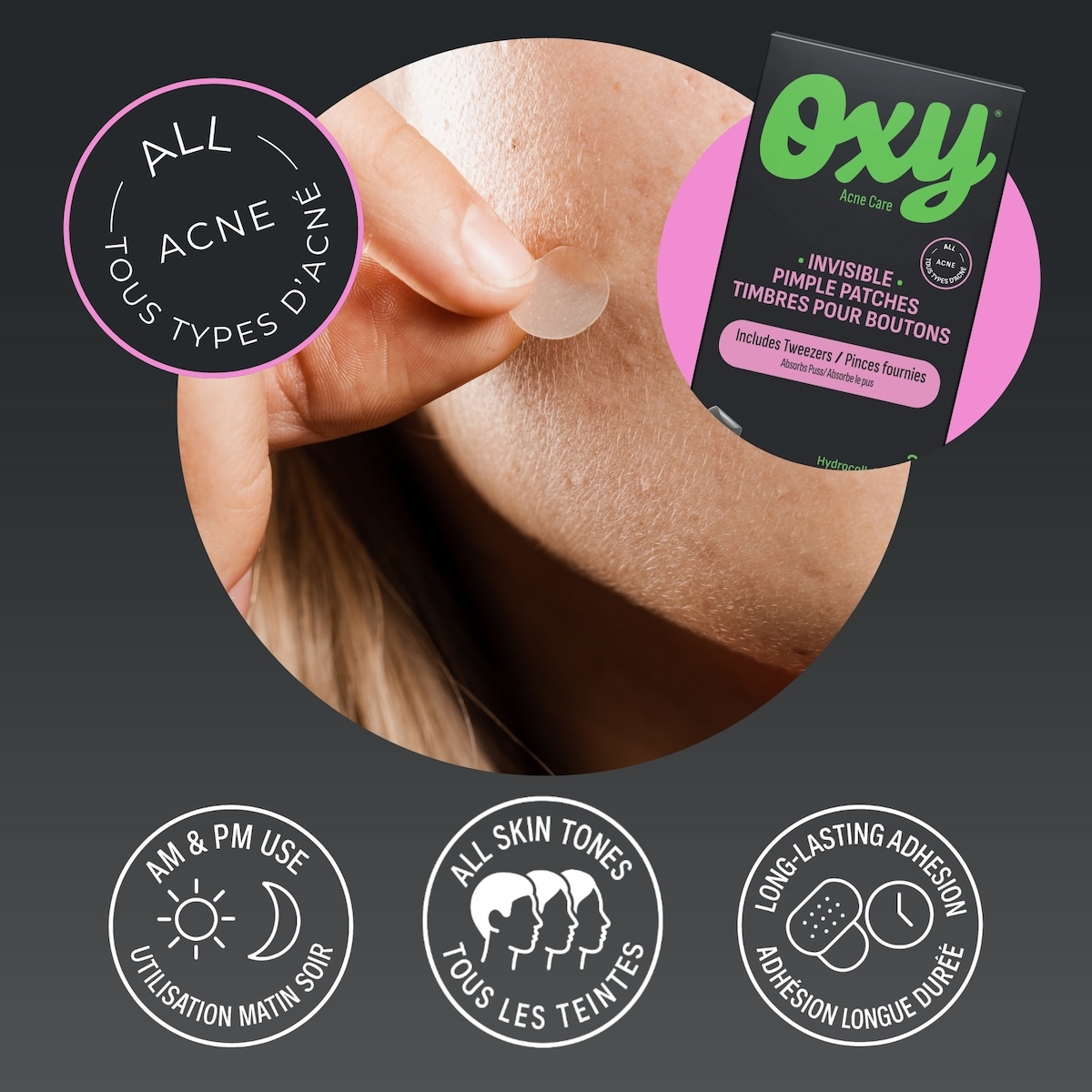 Oxy Invisible Pimple Patches for Acne, 26 Count – Hydrocolloid Pimple Patch with Tweezers, Variety Pack – Absorbs Puss, Long-Lasting, Day & Night Use