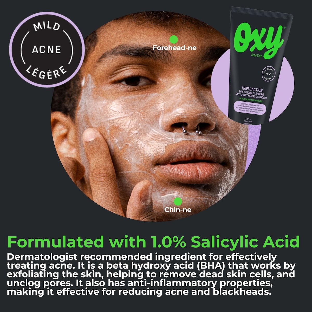Nettoyant quotidien pour le visage triple action avec acide salicylique, pour l'acné légère, pour les éruptions récurrentes fréquentes