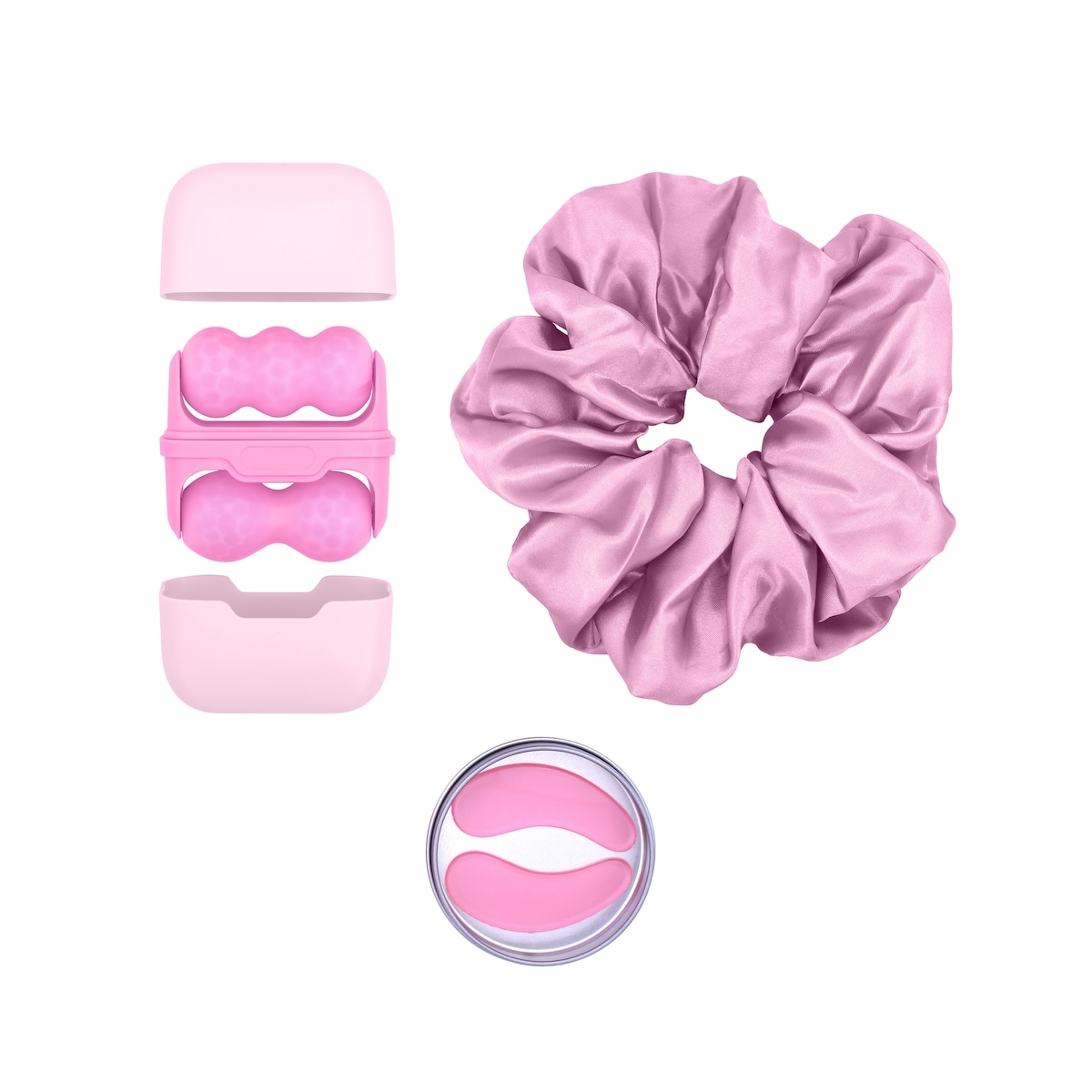 Dual-Ended Ice Roller, Reusable Under-Eye Gel Pads and Jumbo Satin Hair Scrunchie
