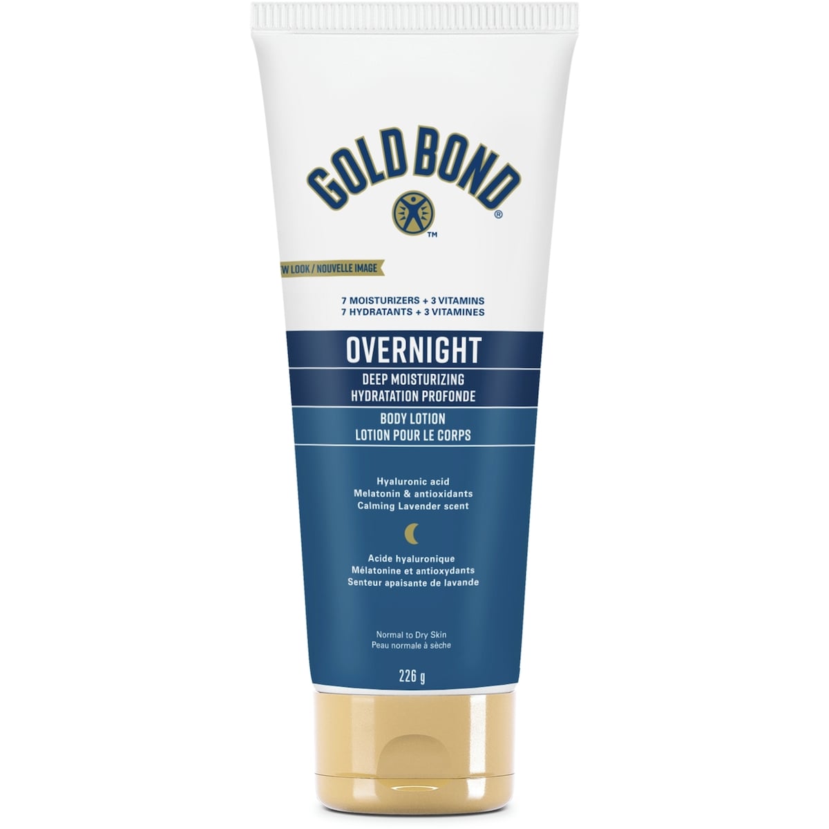 Gold Bond Crème hydratante de nuit, 226 g – Hydratant pour le corps pour la peau pendant que vous dormez, Texture non grasse, Ne tâche pas, Mélatonine et antioxydants, Parfum apaisant de lavande