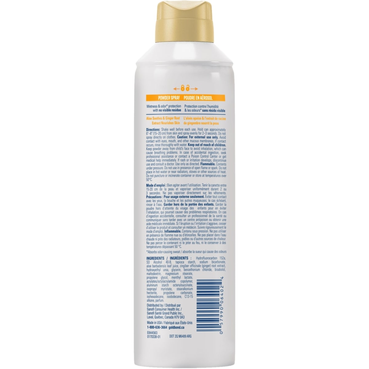Poudre transparente en aérosol Gold Bond - Contrôle des odeurs, protection contre l'humidité - Rafraîchissant et absorbant - Application invisible, sans gâchis ni résidus - Extrait de racine d'aloès et de gingembre, parfum propre, sans talc