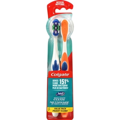 360° Toothbrush with Tongue and Cheek Cleaner, Medium - 2 Count