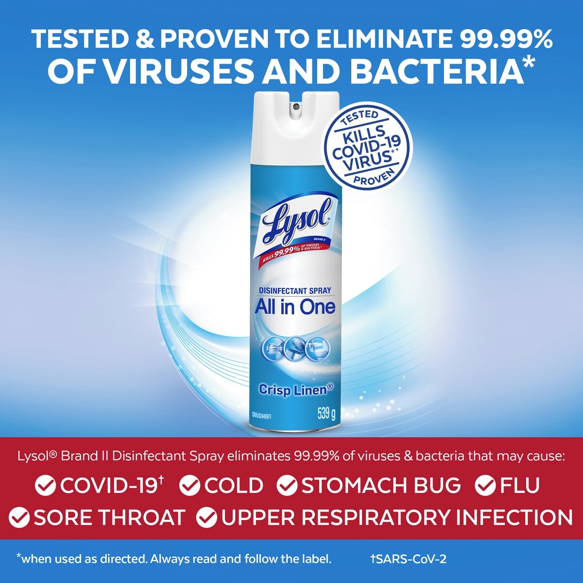 Spray désinfectant tout-en-un, linge croustillant, désinfecte et élimine les odeurs sur surfaces dures tissus, tue 99,99 % des virus bactéries, 539 g