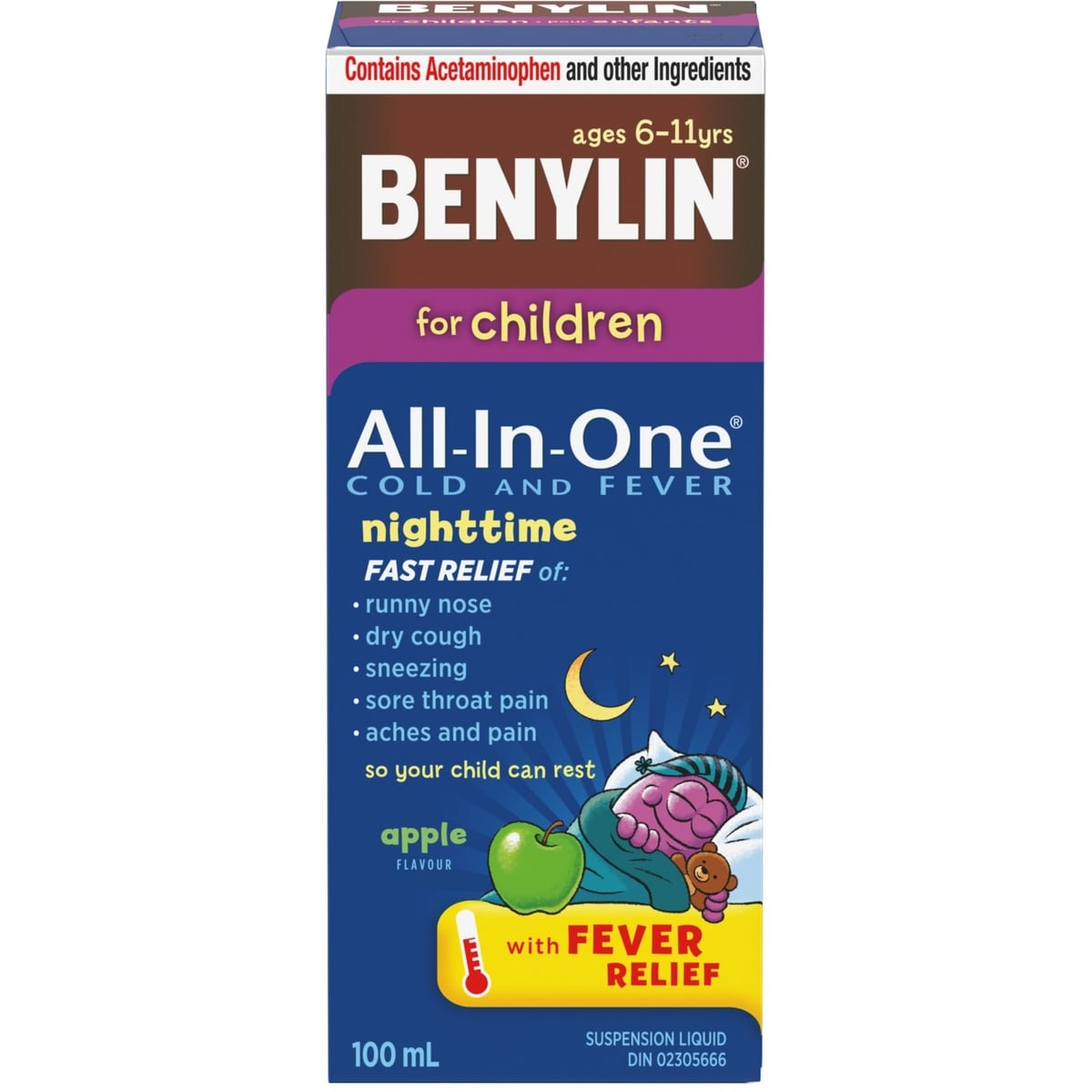 Sirop Tout-en-un Rhume et fièvre, Nuit, pour enfants, pomme