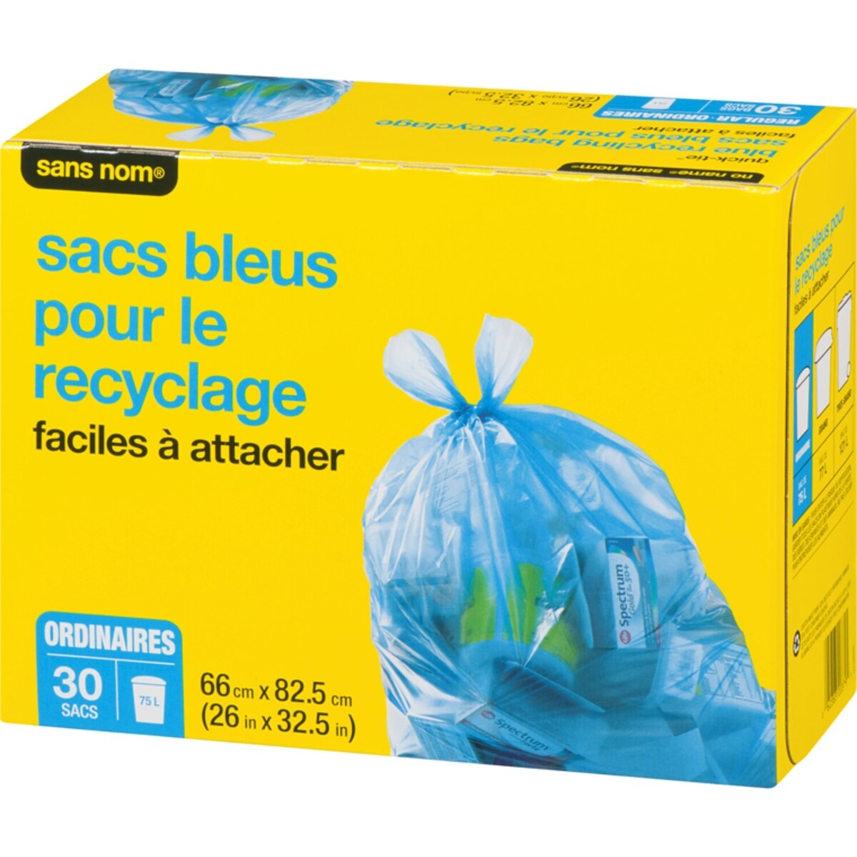 Sacs bleus pour le recyclage faciles à attacher ordinaires 75 l