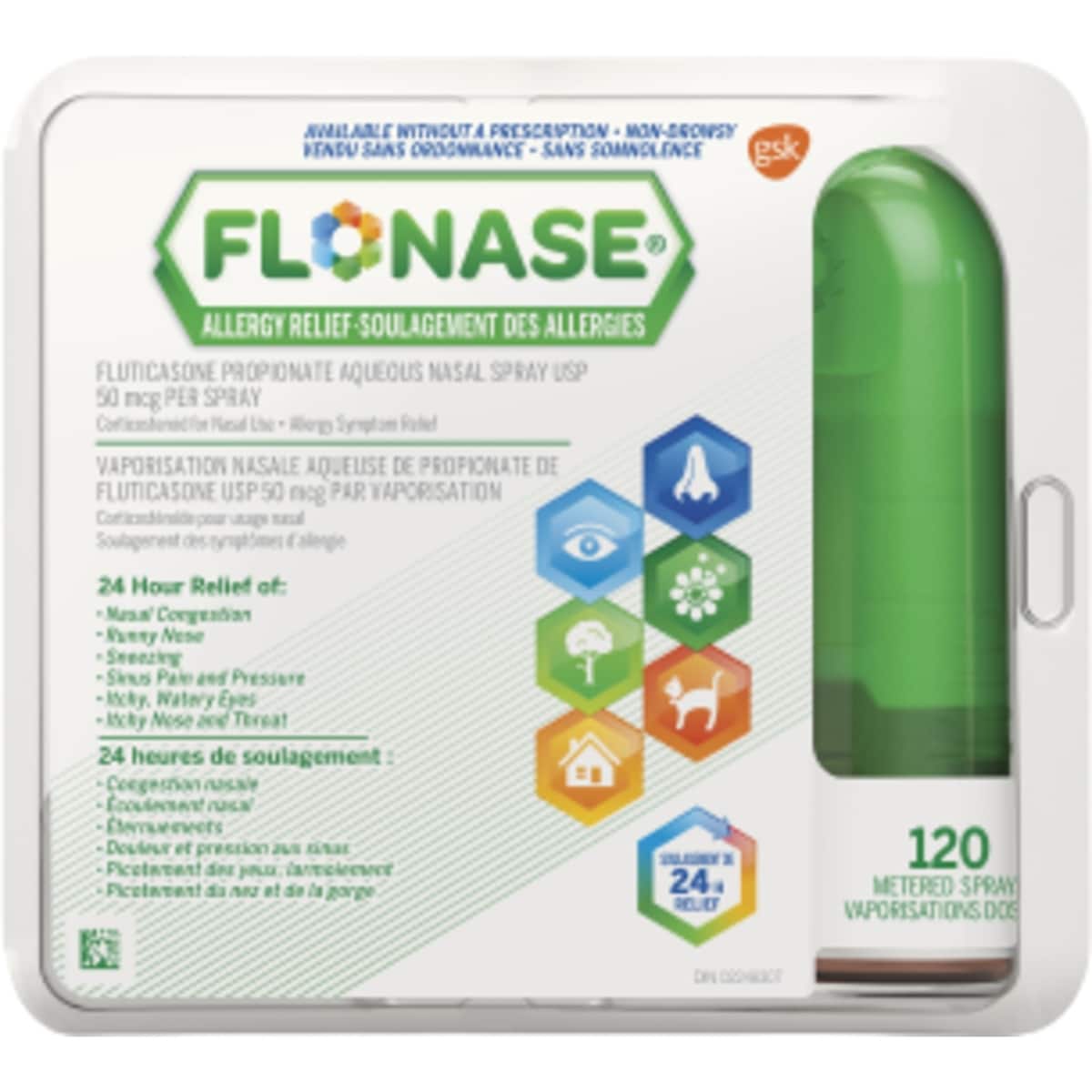 Vaporisateur nasal contre les allergies Flonase, 24 h de soulagement tout-en-un des allergies, sans somnolence