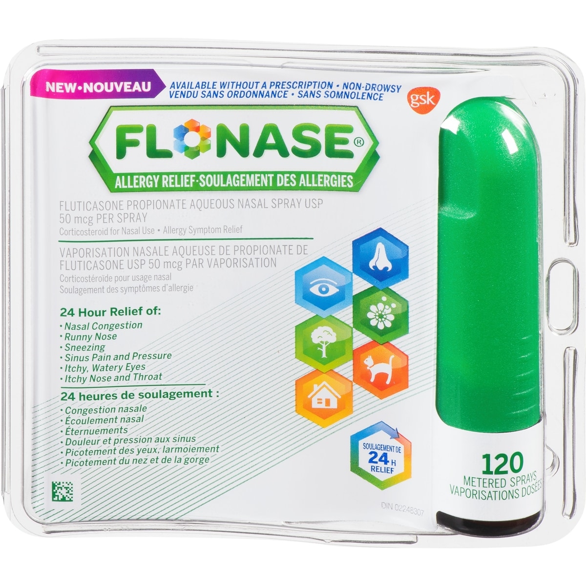 Vaporisateur nasal contre les allergies Flonase, 24 h de soulagement tout-en-un des allergies, sans somnolence