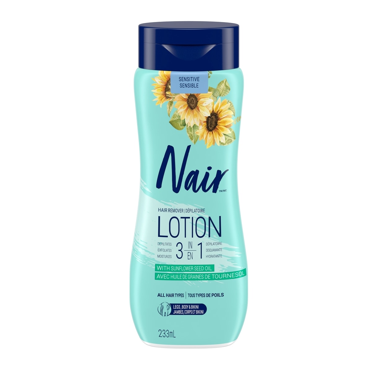 Nair Nair 3-in-1 Hair Removal Lotion for Sensitive Skin with Sunflower Seed Oil and Green Tea Extract, 233 mL 233 mL