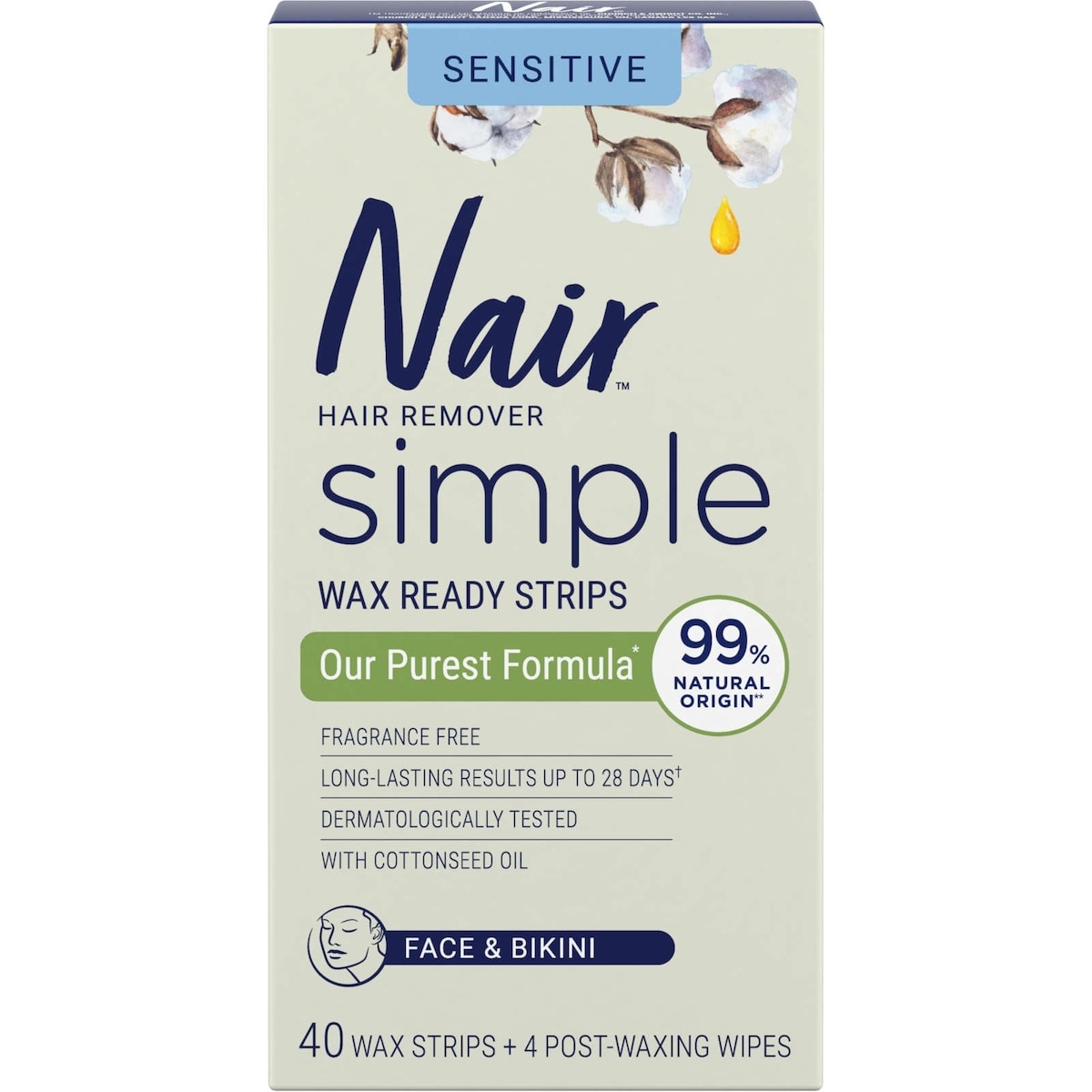 Bandes de cire prêtes à l’emploi Nair Simple avec huile de coton pour le visage et le maillot