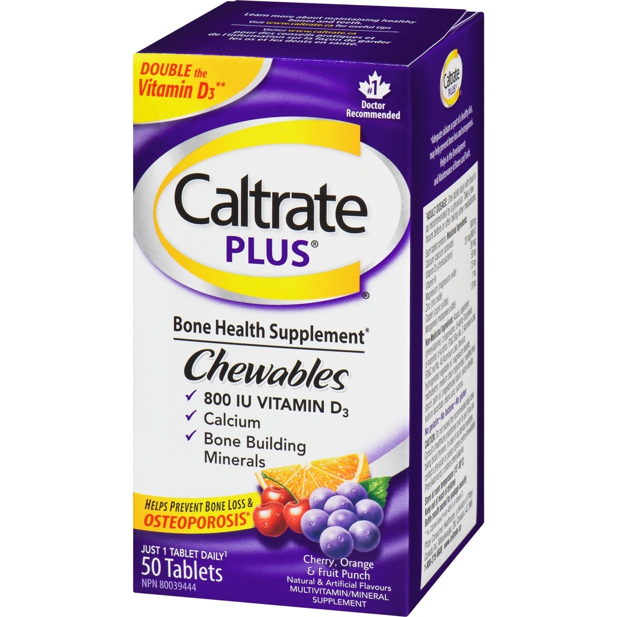 Comprimés à croquer Caltrate Plus, supplément de calcium et de vitamine D3 pour la santé des os, 50 unités