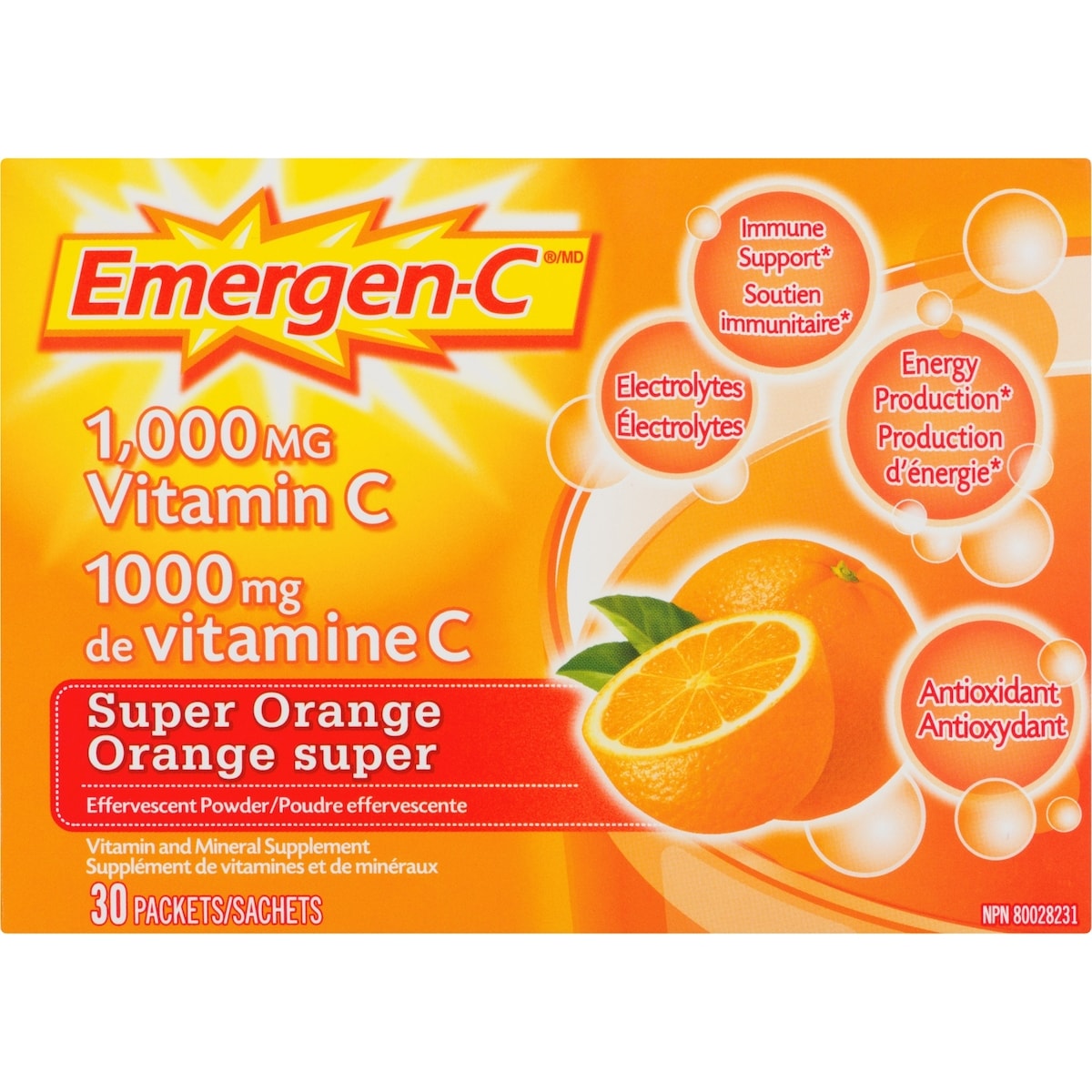 Mélange pour boisson Emergen-C, supplément de vitamine C (1 000 mg), saveur de super orange, 30 sachets