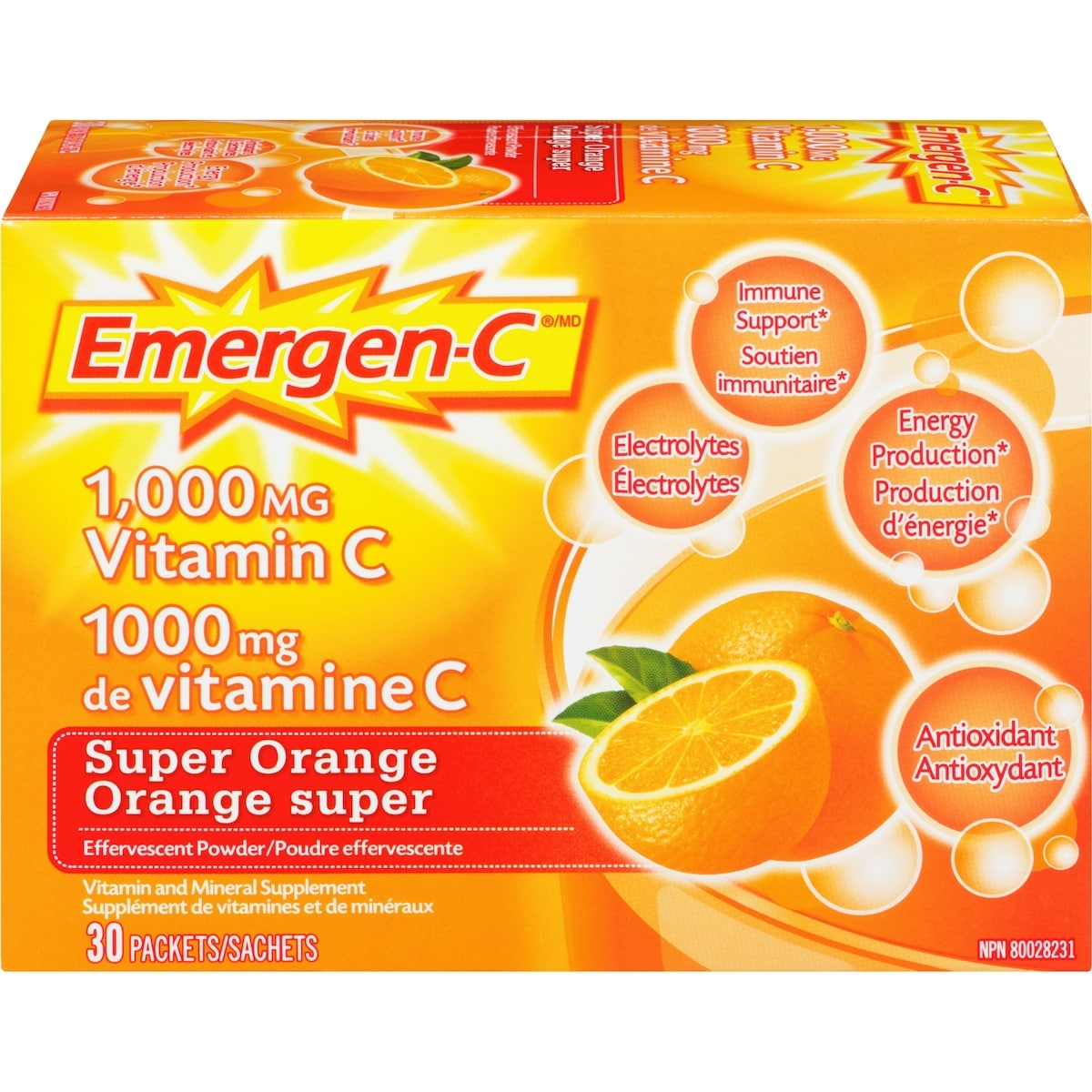 Mélange pour boisson Emergen-C, supplément de vitamine C (1 000 mg), saveur de super orange, 30 sachets