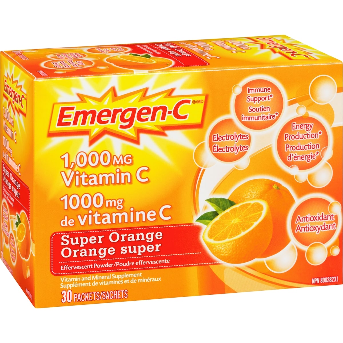 Mélange pour boisson Emergen-C, supplément de vitamine C (1 000 mg), saveur de super orange, 30 sachets