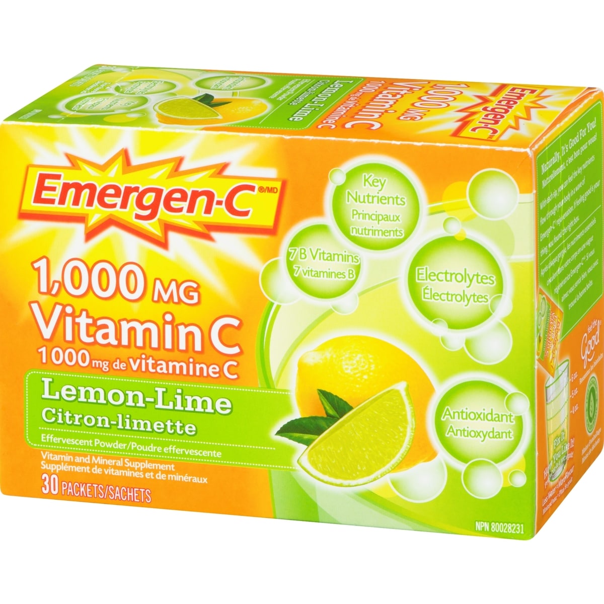 Mélange pour boisson Emergen-C, supplément de vitamine C (1 000 mg), saveur de citron-lime, 30 sachets