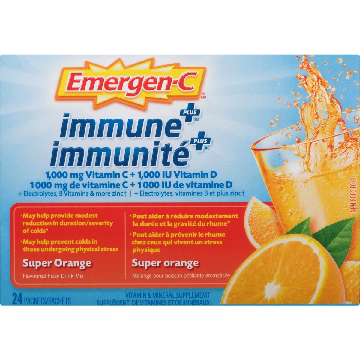Mélange pour boisson pétillante Emergen-C immunité+, supplément de vitamine C et de minéraux, super orange