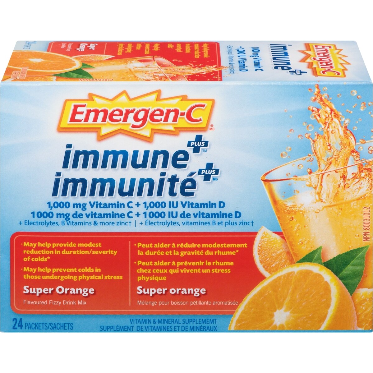 Mélange pour boisson pétillante Emergen-C immunité+, supplément de vitamine C et de minéraux, super orange
