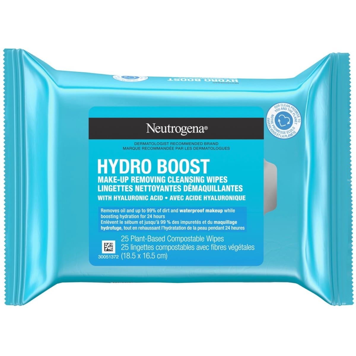 Lingettes nettoyantes démaquillantes pour le visage Hydro Boost, compostables, composées de fibres végétales à 100 % et imbibées d'acide hyaluronique