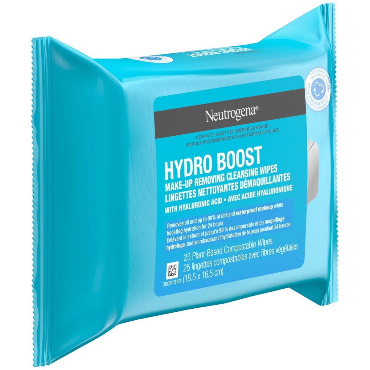 Lingettes nettoyantes démaquillantes pour le visage Hydro Boost, compostables, composées de fibres végétales à 100 % et imbibées d'acide hyaluronique