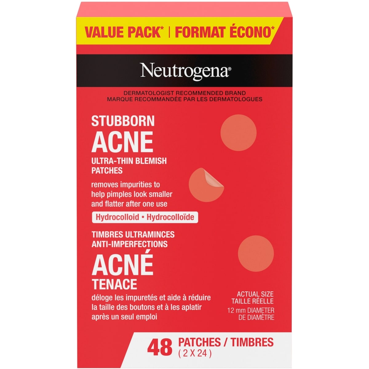 Neutrogena Stubborn Acne Blemish Patches, Hydrocolloid Spot Treatment, Pimple Care Patch, Duo Pack 48 ea