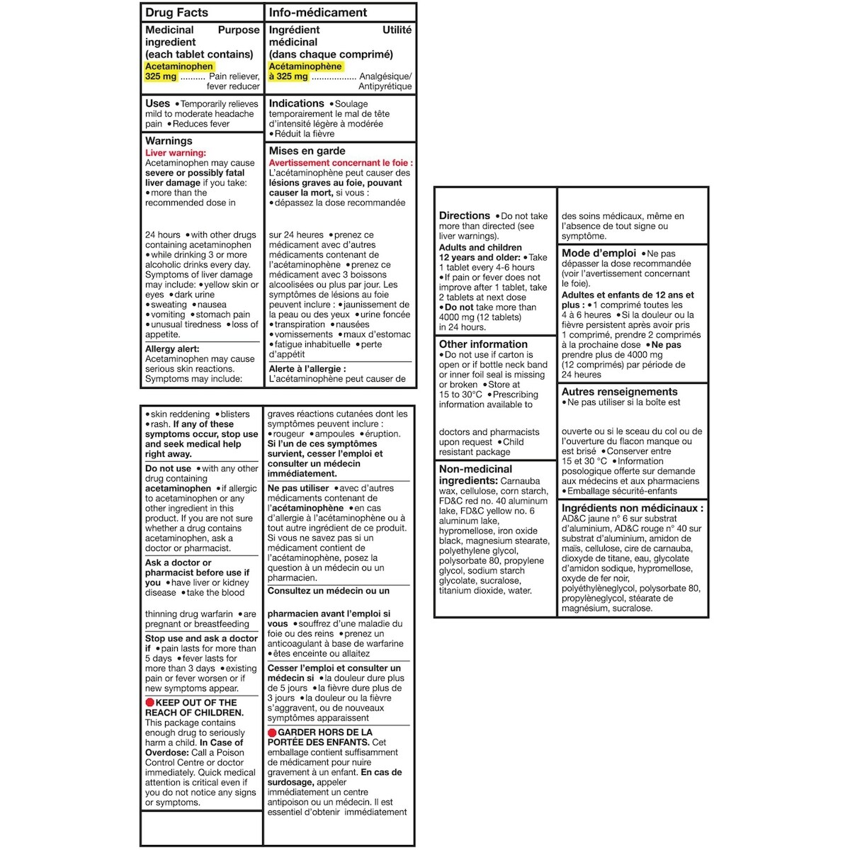 Acétaminophène à 325 mg, analgésique, régulier
