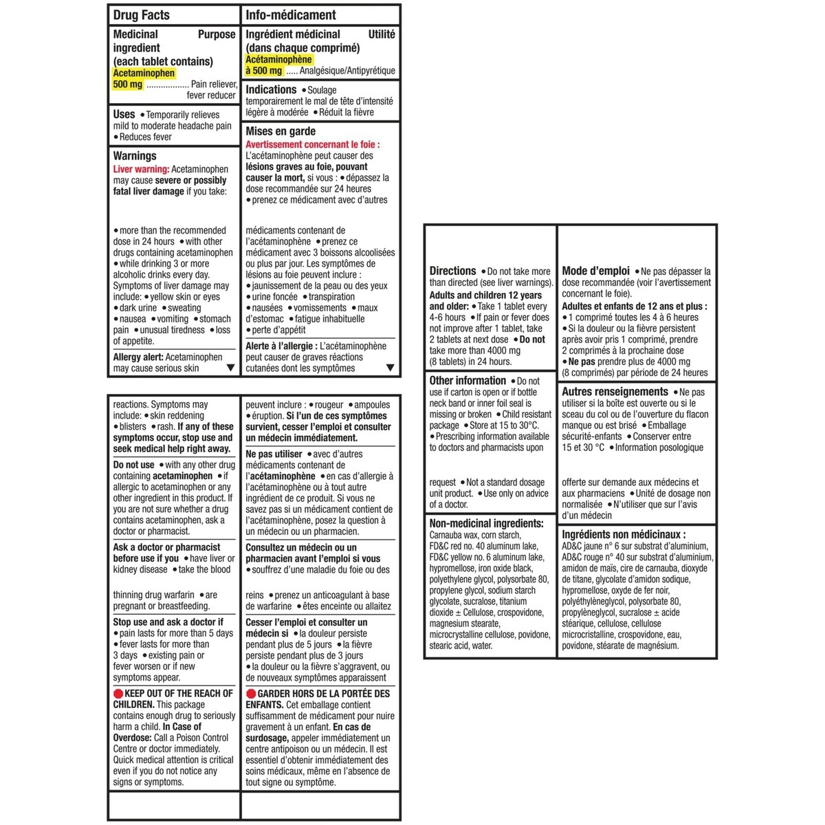 Acétaminophène à 500 mg, analgésique, extra fort