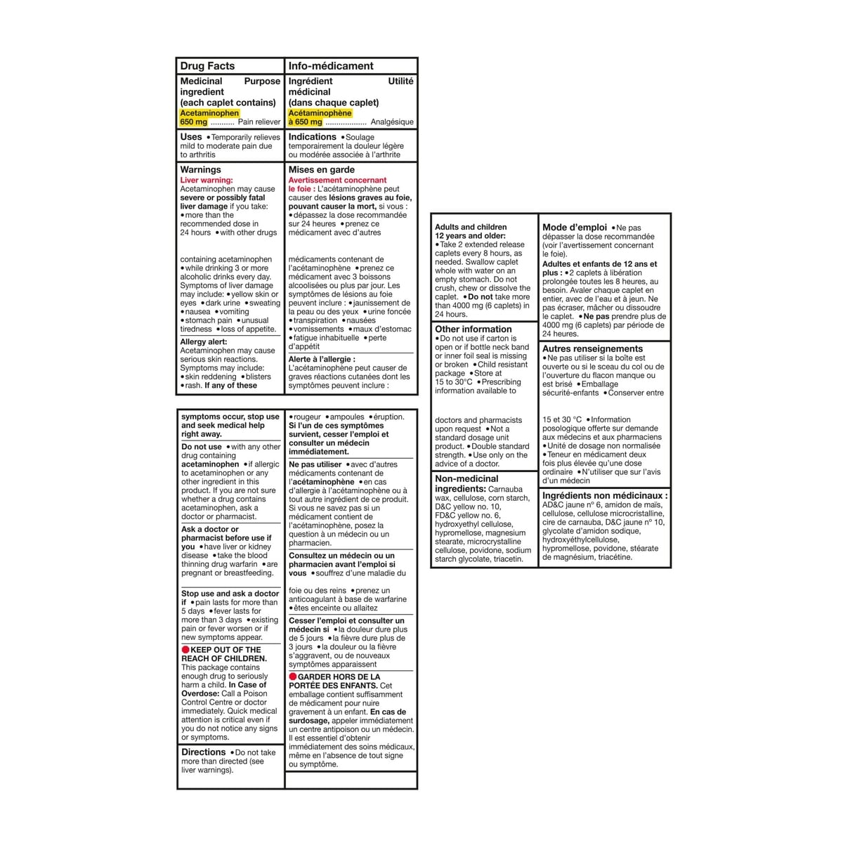 Acétaminophène à 650 mg, douleurs arthritiques