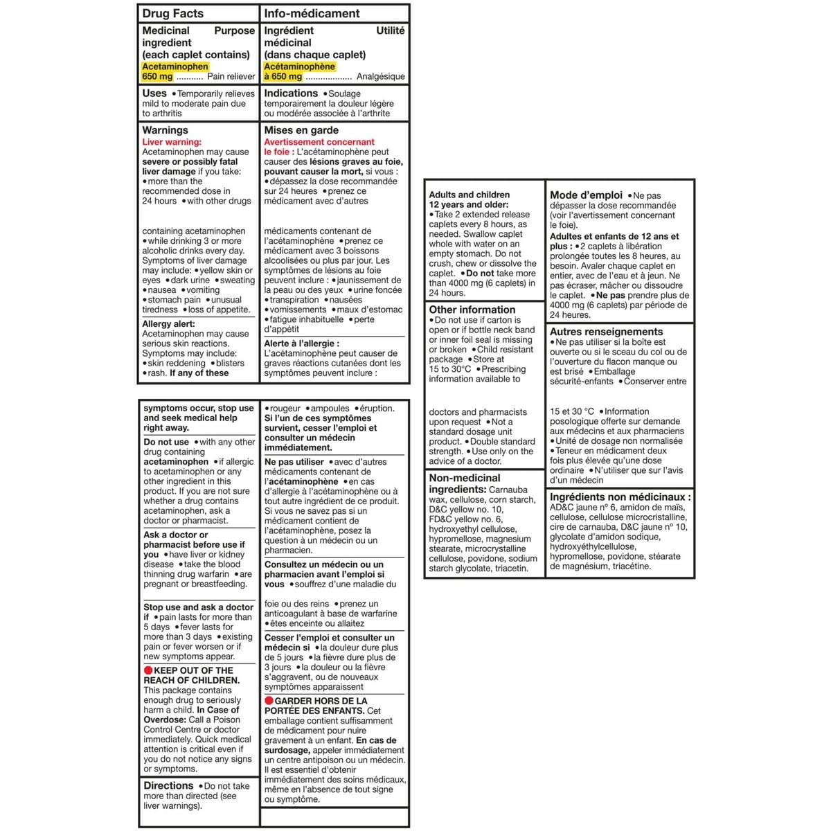 Acétaminophène à 650 mg, douleurs arthritiques