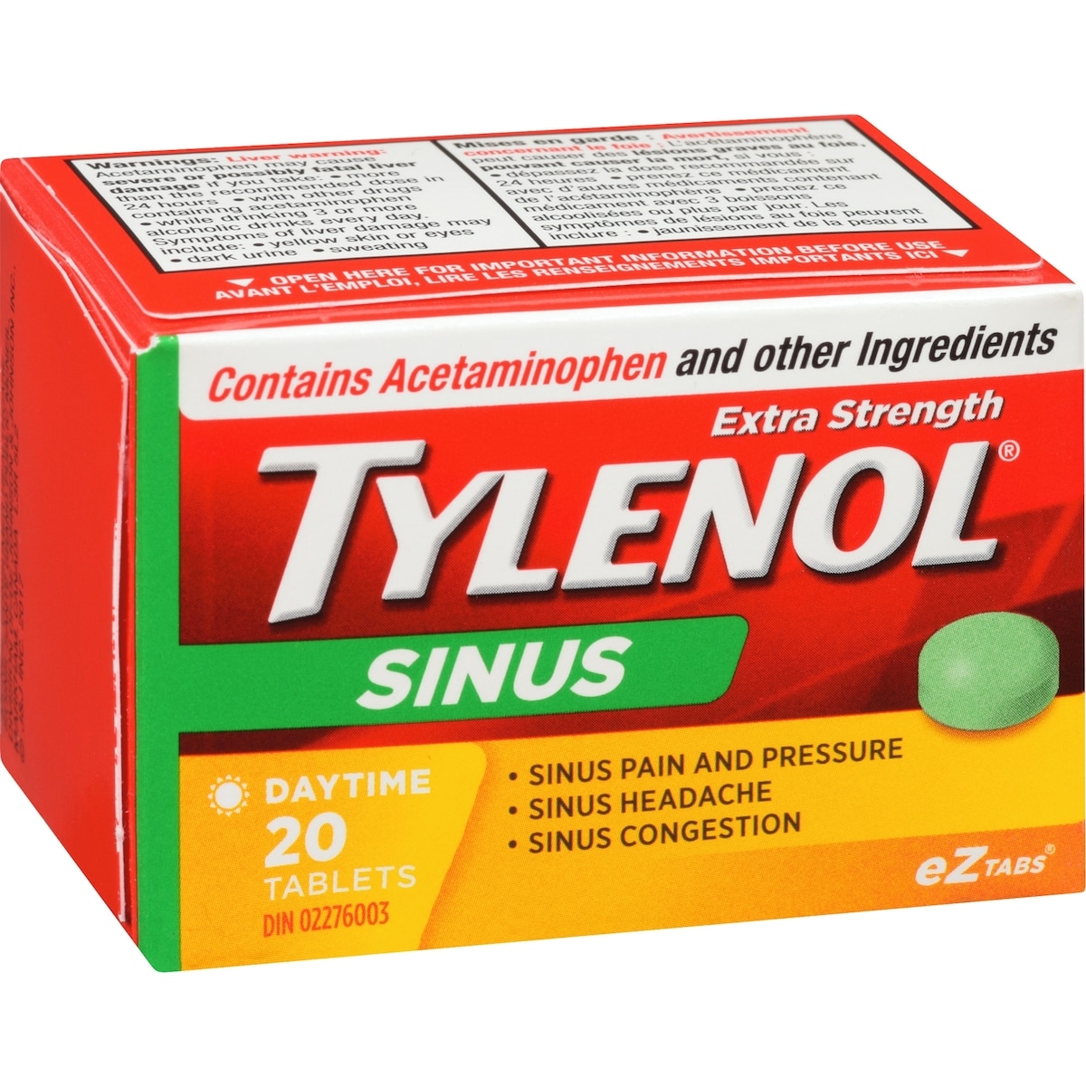 Acétaminophène à 500 mg, soulagement des sinus, jour, extra fort