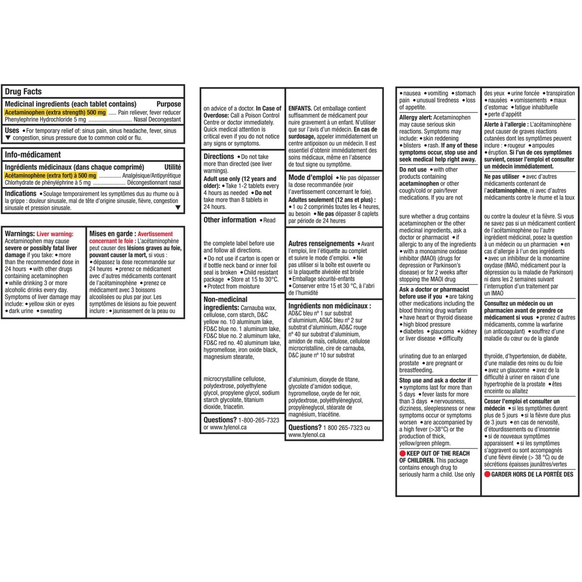 Acétaminophène à 500 mg, soulagement des sinus, jour, extra fort