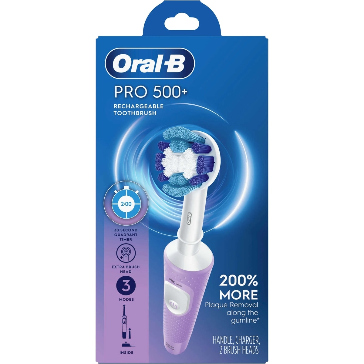 Oral B Oral-B Pro 500 + Electric Toothbrush with (2) Brush Head, Rechargeable, Lilac 1 EA