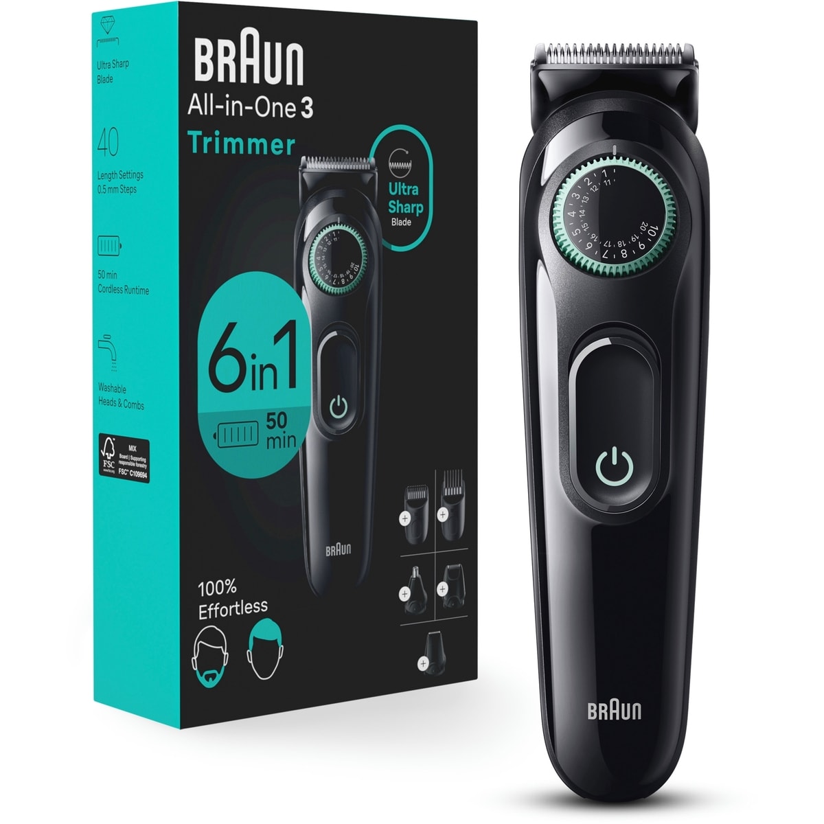 Braun All-In-One Style Kit Series 3 3460, 6-in-1 Trimmer for Men with Beard Trimmer, Ear & Nose Trimmer, Hair Clippers & More, Ultra-Sharp Blade, 40 L