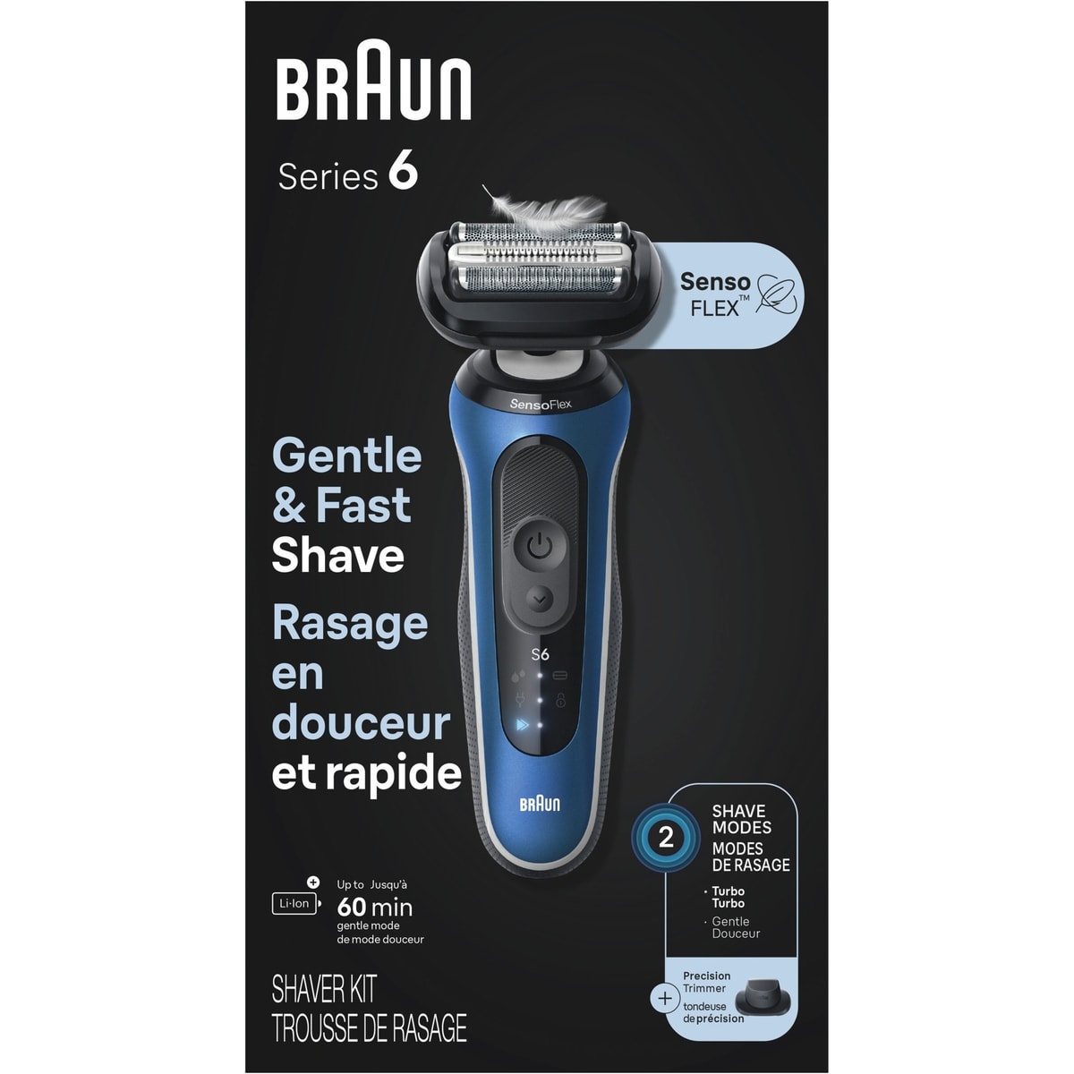 Rasoir électrique pour hommes, Series 6 6120s, rasage sur peau sèche et mouillée, modes Turbo et rasage en douceur, rasoir à grille, conçu en Allemagne, avec tondeuse de précision et étui, bleu