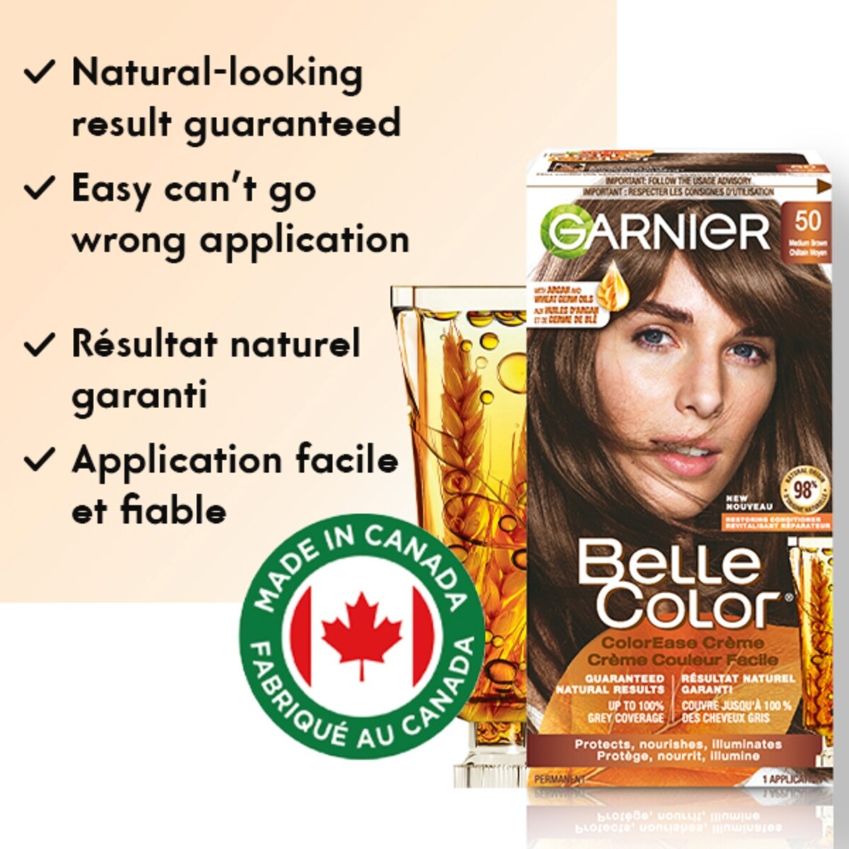 Belle Color Permanent Hair Dye, 100% Grey Coverage, Enriched with Argan Oil and Wheat Germ Oils