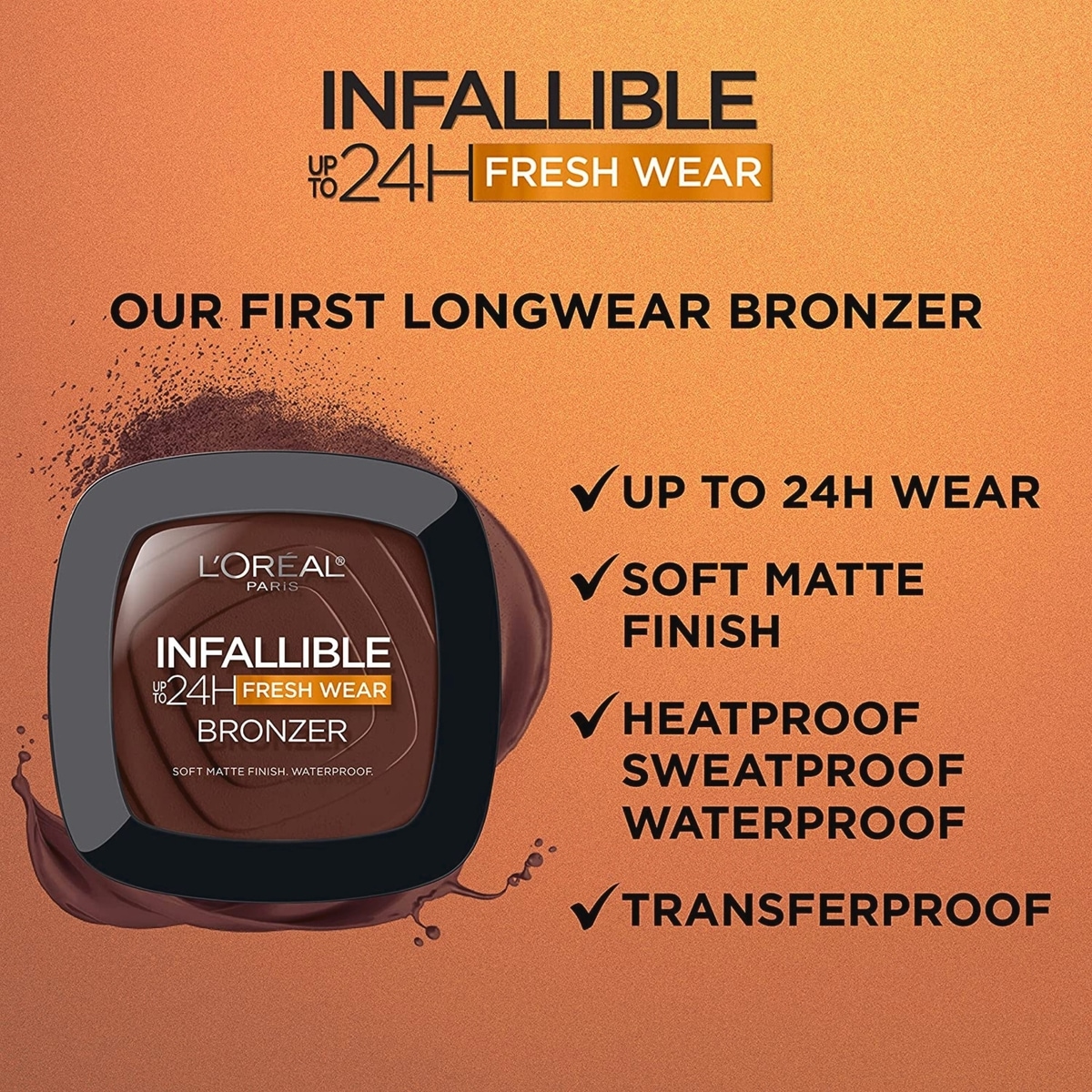 L'Oréal Paris Infaillible – Bronzeur Fresh Wear jusqu'à 24 h, finition mate douce longue tenue, imperméable et résistant à la chaleur, Light 8,8 g