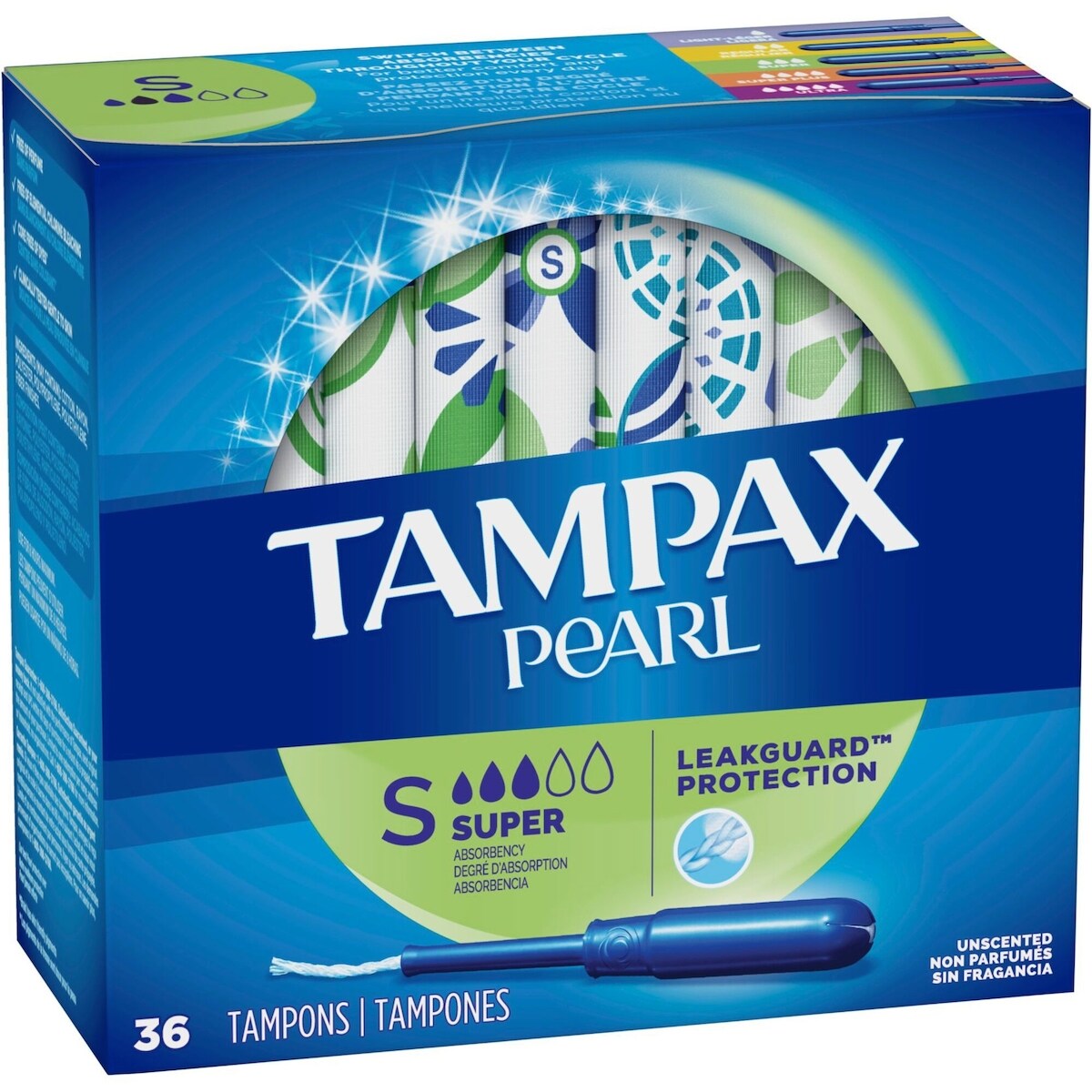 Tampons Tampax Pearl avec tresse anti-fuites LeakGuard et applicateur en plastique sans BPA, degré d’absorption super, non parfumés, 36 tampons