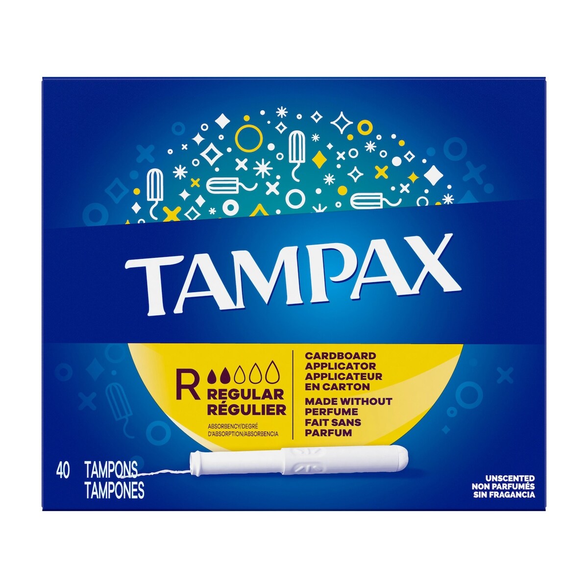 Tampax Cardboard Tampons Regular Absorbency, Anti-Slip Grip, LeakGuard Skirt, Unscented, 40 Count