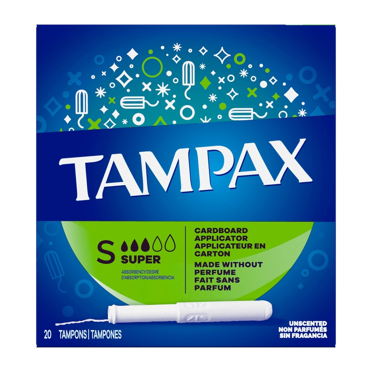 Cardboard tampons unscented super absorbency 20 count
