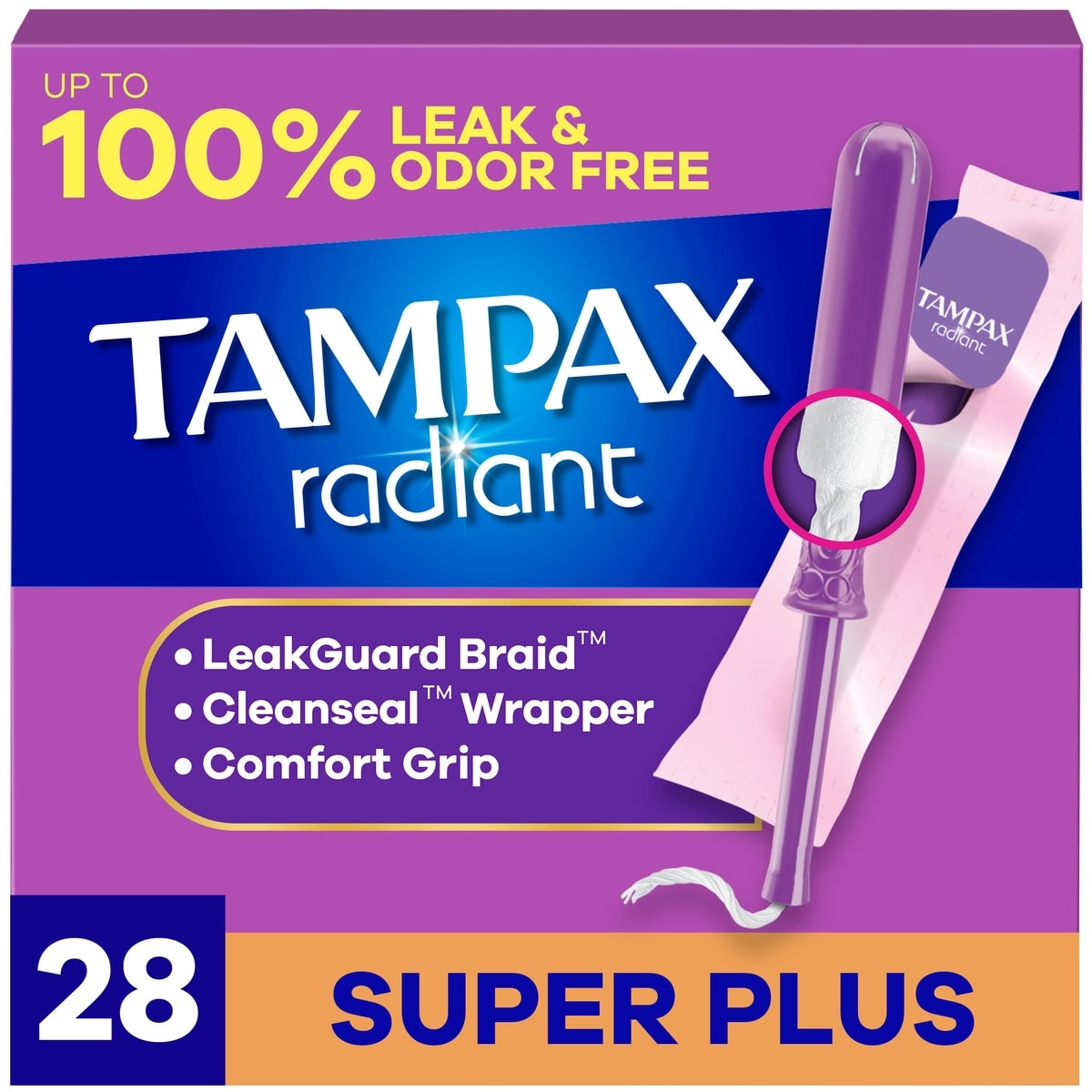 Radiant Tampons with LeakGuard Braid, Super Plus Absorbency