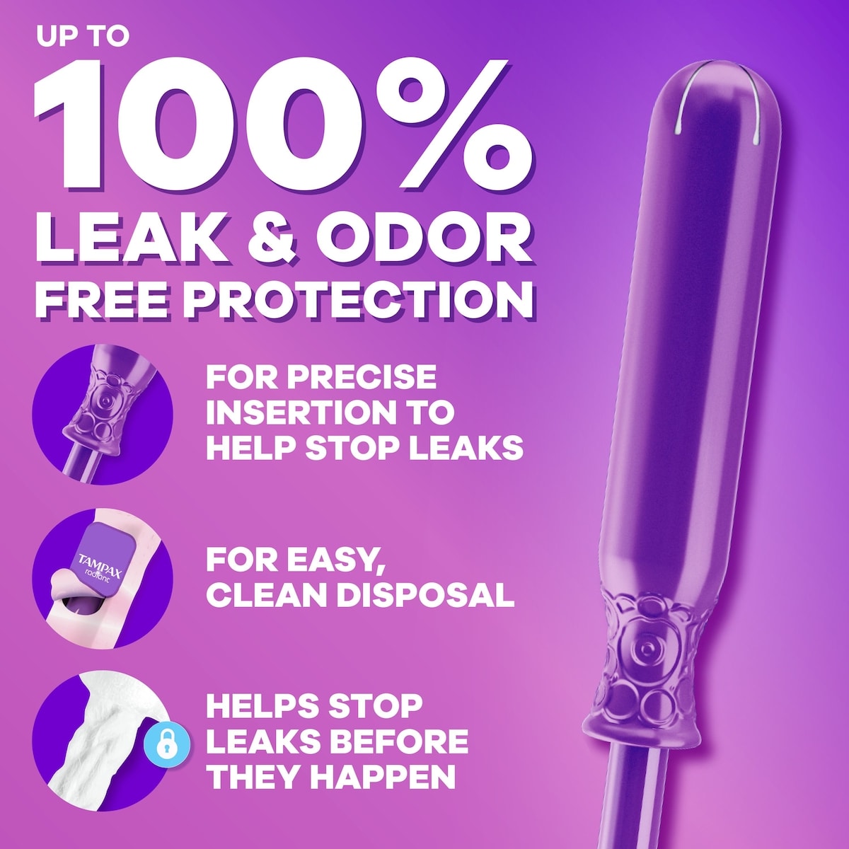 Tampons Tampax Radiant avec tresse anti-fuites LeakGuard, degré d’absorption super plus