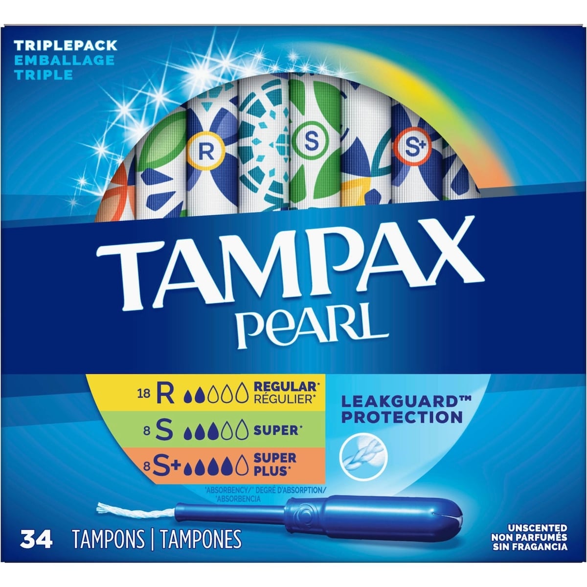 Tampons Tampax Pearl avec tresse anti-fuites LeakGuard, emballage triple, degré d’absorption régulier/super/super plus, non parfumés, 34 tampons