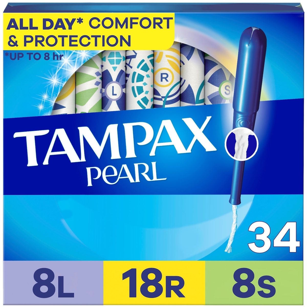 Tampons Pearl, tresse LeakGuard, applicateur en plastique sans BPA, emballage triple, absorption léger/régulier/super, np, 34 u