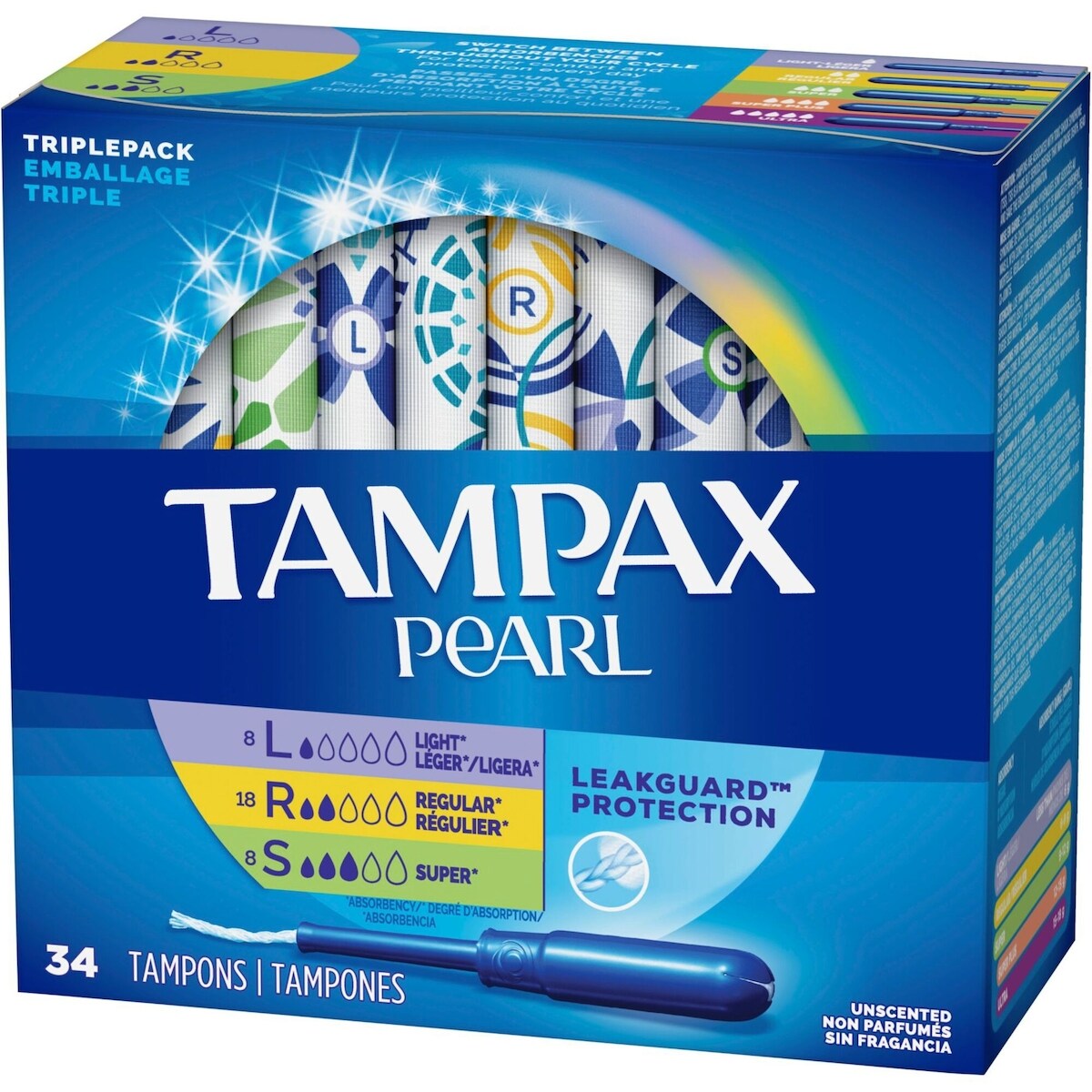 Tampons Tampax Pearl, tresse LeakGuard, applicateur en plastique sans BPA, emballage triple, absorption léger/régulier/super, np, 34 u
