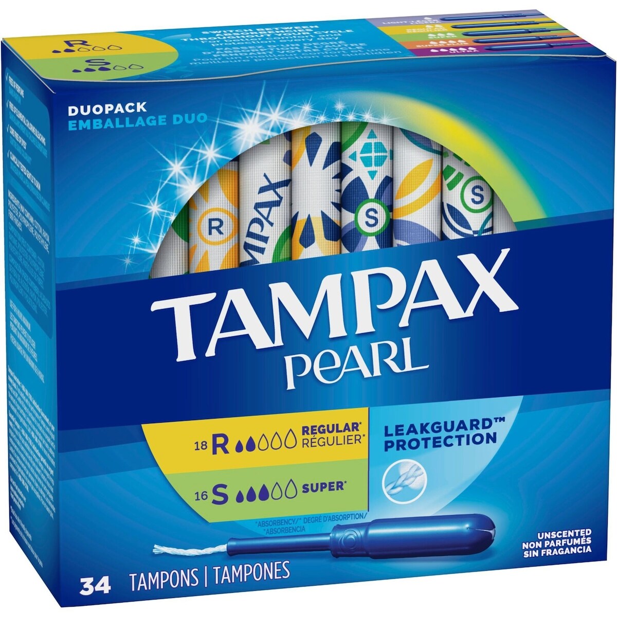 Tampons Tampax Pearl avec tresse anti-fuites LeakGuard, emballage duo, degré d’absorption régulier/super, non parfumés, 34 tampons