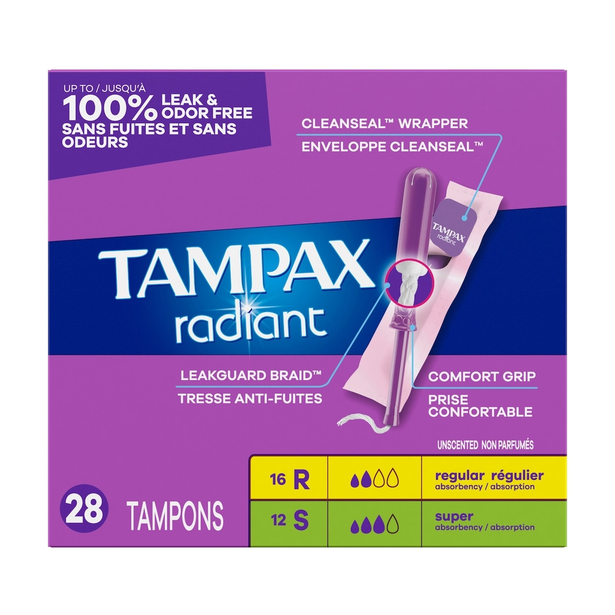 Radiant Lot de 28 tampons à absorption régulière/Super/Plus