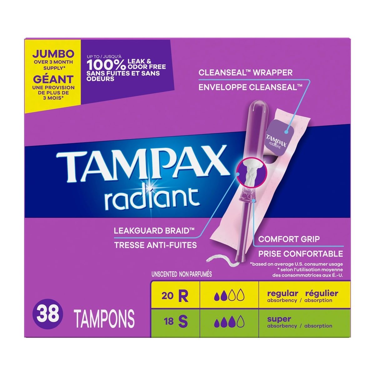 Tampons Radiant avec tresse anti-fuites LeakGuard, degré d’absorption régulier/super, emballage duo, non parfumés